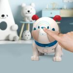 Interactive robotic dog toy with touch sensors and playful design for children.