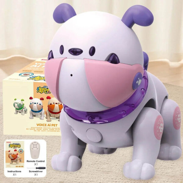 Cute robotic dog toy with voice interaction, remote control, and educational features, perfect for children’s play and learning.