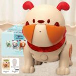 A robotic dog toy with a friendly face, orange ears, and a red collar, perfect for kids' educational and entertainment use.