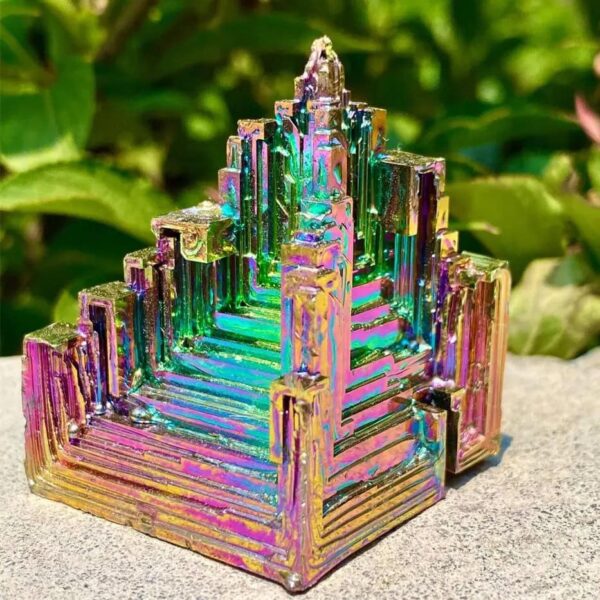 A vibrant, iridescent bismuth crystal with a stepped, geometric structure showcasing rainbow hues. Perfect for science decor and educational displays.