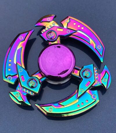 Colorful neon-finished fidget spinner with a circular center and three curved blades, designed for stress relief and focus enhancement.