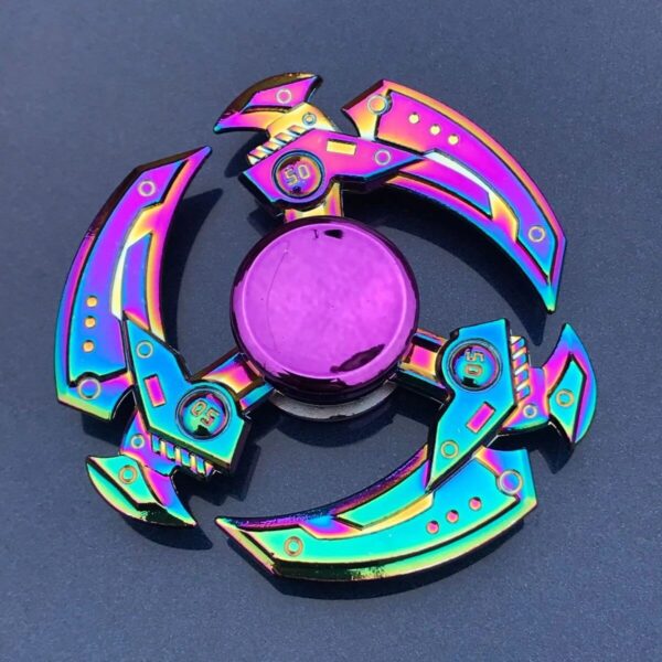 Colorful neon-finished fidget spinner with a circular center and three curved blades, designed for stress relief and focus enhancement.