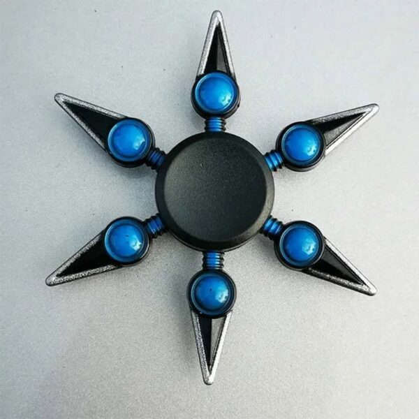 A star-shaped fidget spinner featuring a central black circle and six metallic points with blue spherical accents, designed for stress relief and focus.