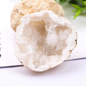 Close-up of a white geode mineral with crystalline interior, showcasing natural rock formation and textures.
