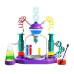 Colorful science chemistry lab kit with test tubes, beakers, and safety equipment for educational experiments and science fun for children.