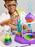 Innovative science experiment kit for kids with colorful lab equipment and safety goggles.