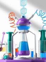 Miniature science experiment apparatus with colorful liquids and tubing, perfect for educational demonstrations and science decor.