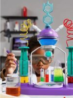 Science experiment kit with colorful liquids and tubing for kids.