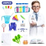 Child scientist with lab coat and glasses holding a test tube, surrounded by science experiment tools and educational toys.
