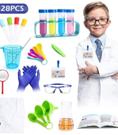 Child scientist with lab coat and glasses holding a test tube, surrounded by science experiment tools and educational toys.