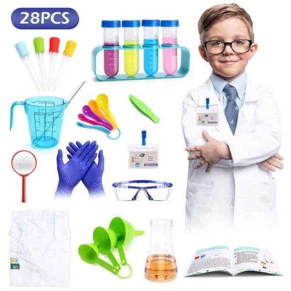 Child scientist with lab coat and glasses holding a test tube, surrounded by science experiment tools and educational toys.