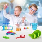 Two children conducting science experiments with colorful test tubes and lab equipment.