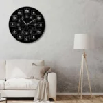 A black wall clock featuring the periodic table of elements, designed for science enthusiasts and educational decor.