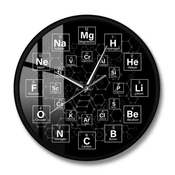 Modern wall clock featuring a creative design of the periodic table of elements with chemical symbols and atomic numbers, perfect for science enthusiasts and educational spaces.