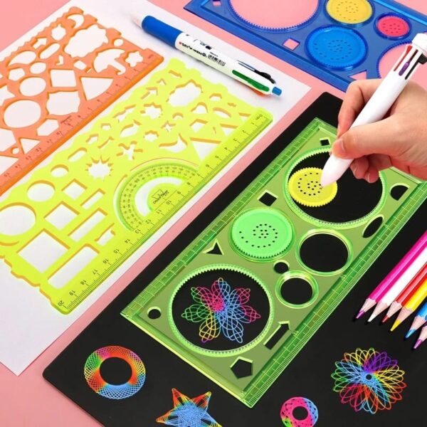 Colorful geometric and scientific drawing tools for educational and creative projects.