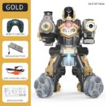 High-tech robot dinosaur with remote control, modular battery, and USB charging cable for educational play and science decor.
