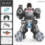 Advanced robot toy featuring remote control, modular battery, USB charging cable, and detailed specifications. Perfect for educational play and science decor.