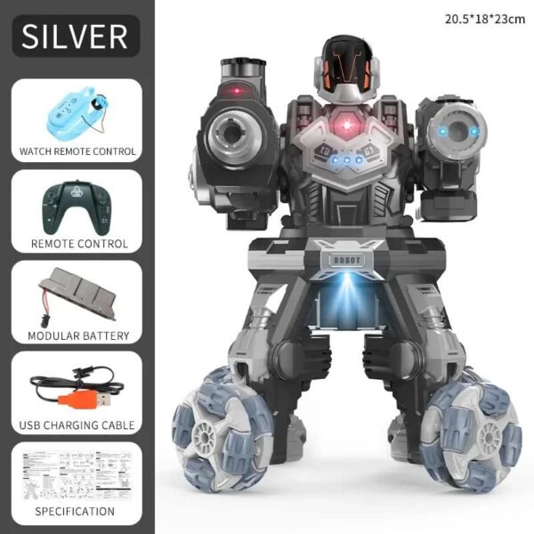 Advanced robot toy featuring remote control, modular battery, USB charging cable, and detailed specifications. Perfect for educational play and science decor.