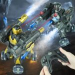 Two robotic battle toys engaging in a laser fight, with one robot firing red laser beams at the other, set against a space-themed background.