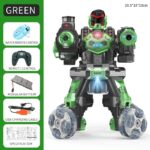 An advanced green robot toy featuring remote control, modular battery, USB charging cable, and LED lights, designed for educational play and entertainment.