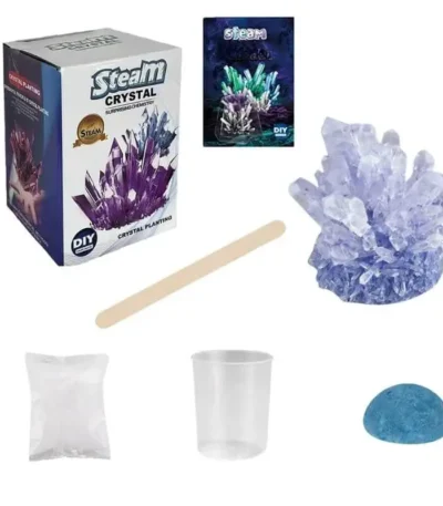 Complete crystal growing science kit with colorful crystals, growth container, stirring stick, and detailed instructions for educational and decorative purposes.
