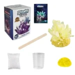 Complete crystal growing science kit with DIY crystal plant, including a box, stirring stick, yellow crystal, and growth materials for educational and decorative purposes.