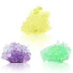 Vibrant yellow, purple, and green crystalline mineral samples for educational purposes and decorative displays.