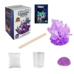 DIY steam crystal growing kit with purple crystal formation, includes a box, wooden stick, plastic cup, and purple crystal sample for educational science experiments.