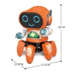 Cute orange robot toy with LED eyes, moving arms, and a friendly face, designed for educational play and science decor.
