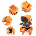 A cute orange robot toy with articulated arms and legs, featuring a battery compartment on its back, designed for educational and entertainment purposes.