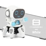 Cute white robot toy with blue LED lights on arms and a digital face, designed for educational and entertainment purposes for children.