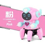 Adorable pink robot toy with expressive digital face, heart-shaped chest, and movable limbs, designed for children’s educational play and science-themed decor.