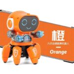 Cute orange robot toy with moving legs, LED lights, and a smiling digital face, perfect for children’s educational play and science-themed decor.