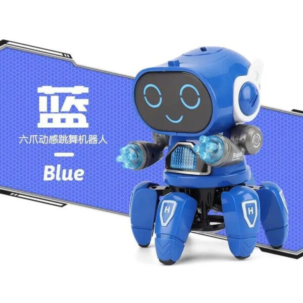 Cute blue robot toy with LED eyes and movable limbs, designed for educational and entertainment purposes. Perfect for kids interested in science gadgets and robotics.