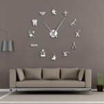 Unique science-themed wall clock with icons representing different scientific tools and symbols, perfect for a science decor or educational setting.