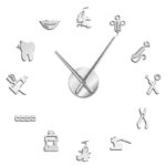 Modern wall clock featuring icons of dental tools, water, and chemistry symbols, perfect for science enthusiasts and educational spaces.