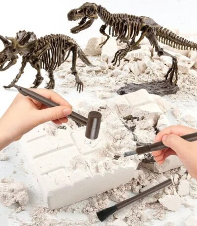 Hands using excavation tools to uncover dinosaur skeleton fossils in a white plaster block, educational toy for children to learn about paleontology and fossils.