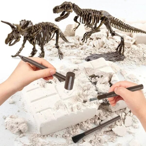 Hands using excavation tools to uncover dinosaur skeleton fossils in a white plaster block, educational toy for children to learn about paleontology and fossils.