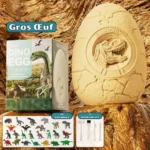 Dinosaur egg fossil kit with dinosaur figurines and excavation tools, perfect for educational science experiments and dinosaur enthusiasts.