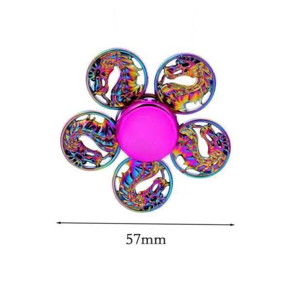 Vibrant dragon-themed puzzle spinner with five intricately designed dragon images surrounding a pink central hub, measuring 57mm in diameter.