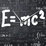 E=mc^2 clock with scientific formulas background.
