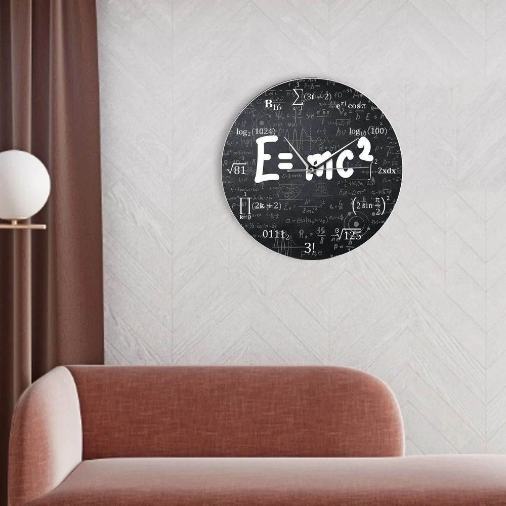 Science Gadgets Wall Clock with Mathematical Equations Stylish wall clock featuring a black background with white mathematical formulas and equations, perfect for science enthusiasts and educational decor.