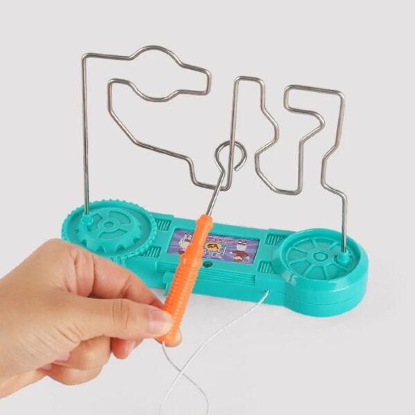 Interactive wire maze toy for kids and adults, promoting fine motor skills and problem-solving. Bright turquoise base with metal wire tracks and a hand-held tool for guiding the wire.