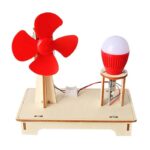 Educational science kit featuring a small wind turbine and a light bulb, demonstrating renewable energy concepts for kids and students.