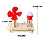 Educational wind turbine and light bulb model for science learning, featuring a red wind turbine and a light bulb on a wooden base with measurements.