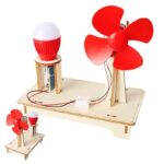Red wind turbine and light bulb science kit for educational experiments.