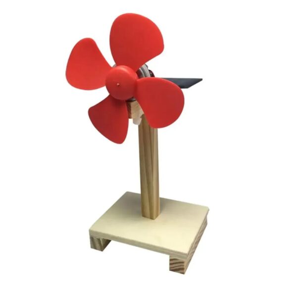 Wind turbine model with red blades and wooden stand for science projects and educational demonstrations.
