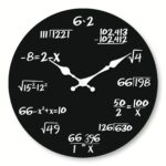 Educational science clock featuring mathematical formulas and equations in white on a black background.