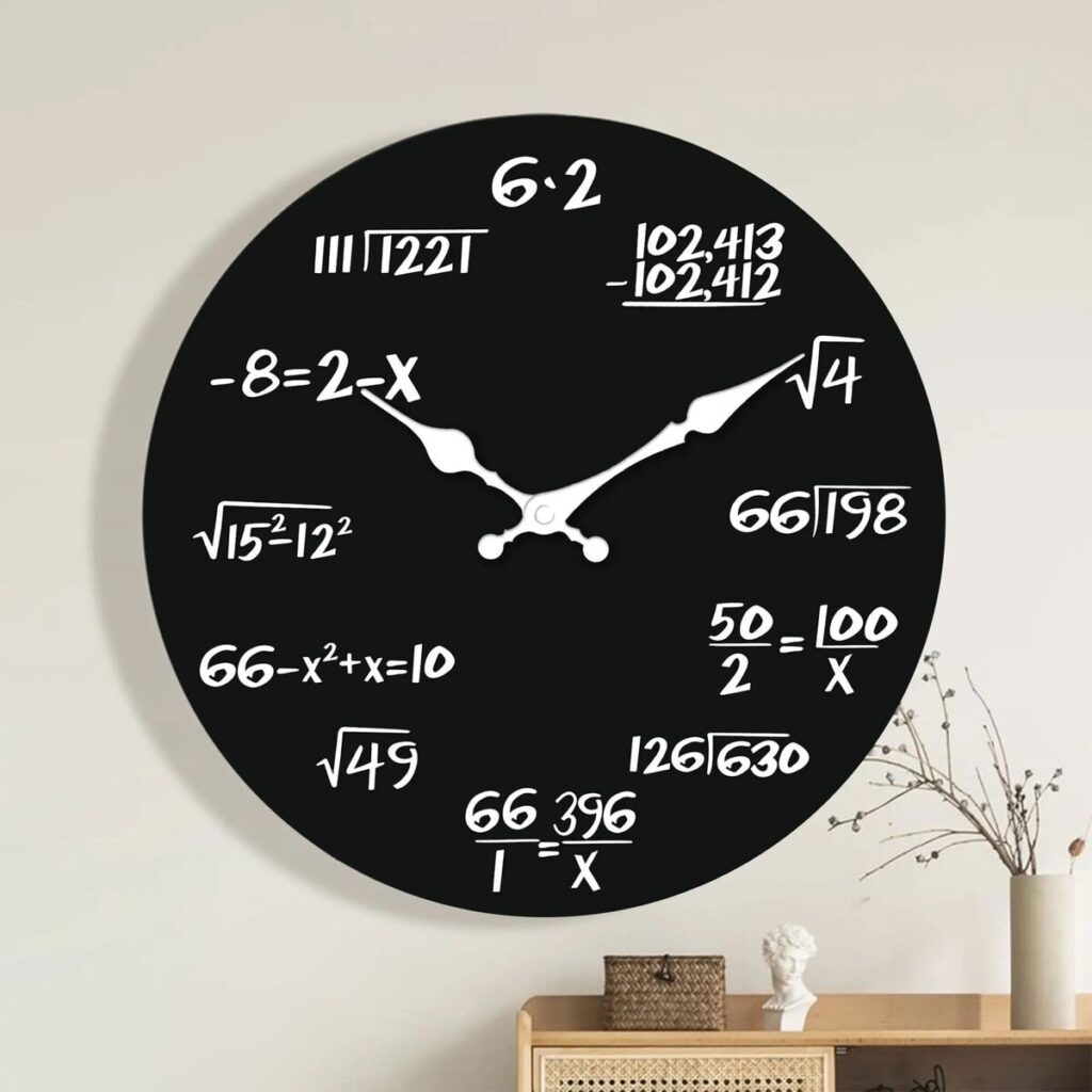 Modern wall clock featuring scientific equations and mathematical symbols, perfect for science enthusiasts and educational decor.