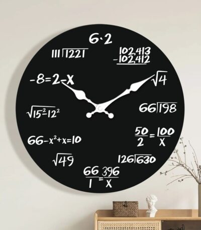 Modern wall clock featuring scientific equations and mathematical symbols, perfect for science enthusiasts and educational decor.